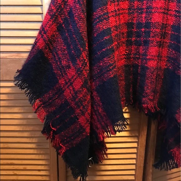 Navy Blue and Red Plaid Turtleneck Poncho - Picture 10 of 12